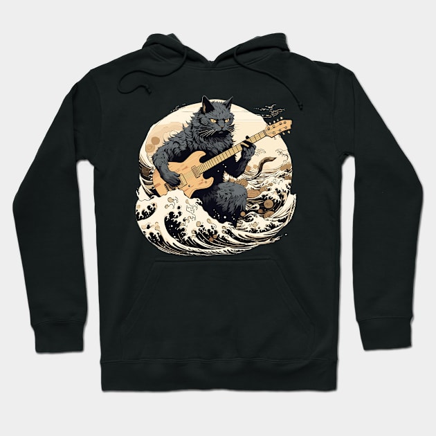 Cat guitar Kanagawa Wave Hoodie by VisionDesigner